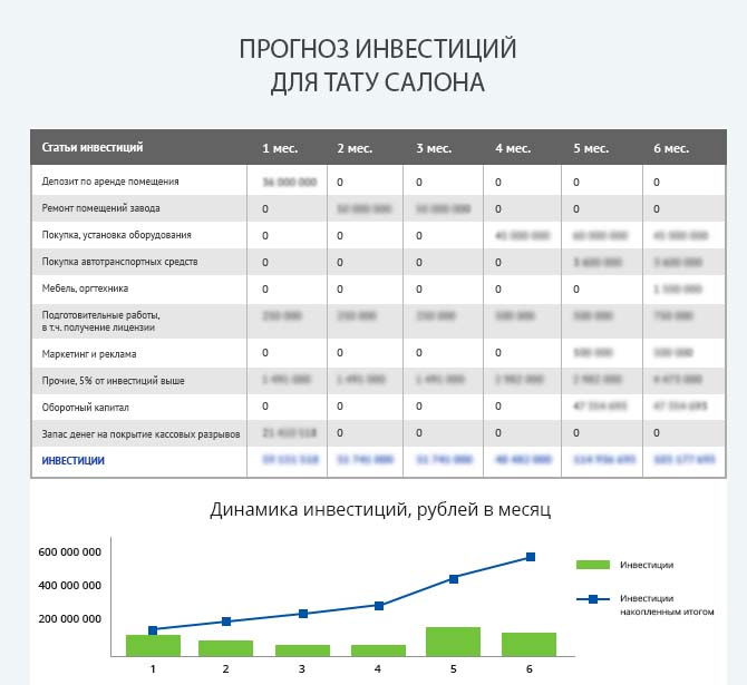 Подробный расчет инвестиций для тату-салона